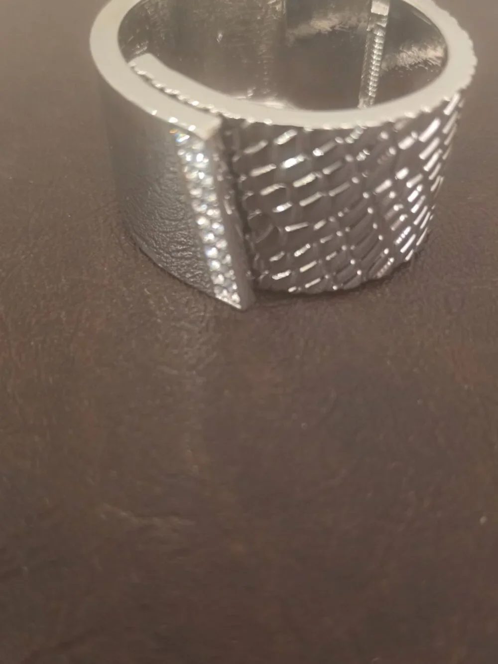 Guess Rose Silver Texture Animal Print Hinge Crystal Cuff Wide Bangle
